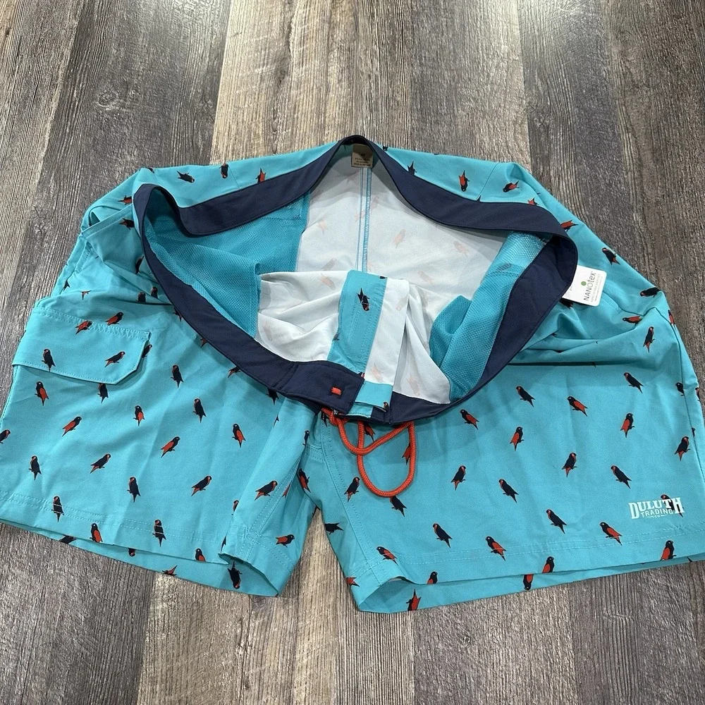 NWT‎ Duluth Trading Company Mens Board Shorts Sz 48 Blue Drawstring Parrot Print